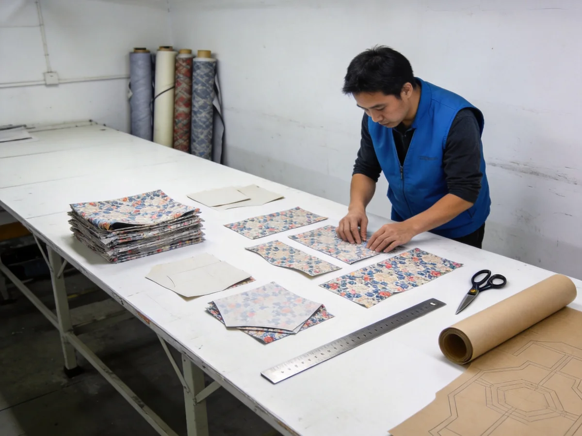 Worker at a long cutting and sorting table with rows of shirt forms behind