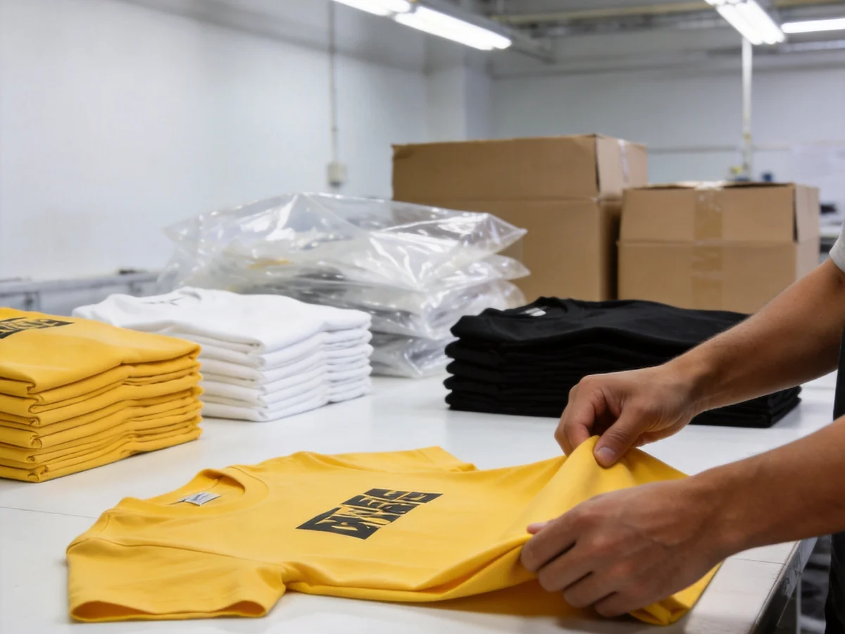 Worker folding finished garments on a packing table with clear poly bags and shipping boxes
