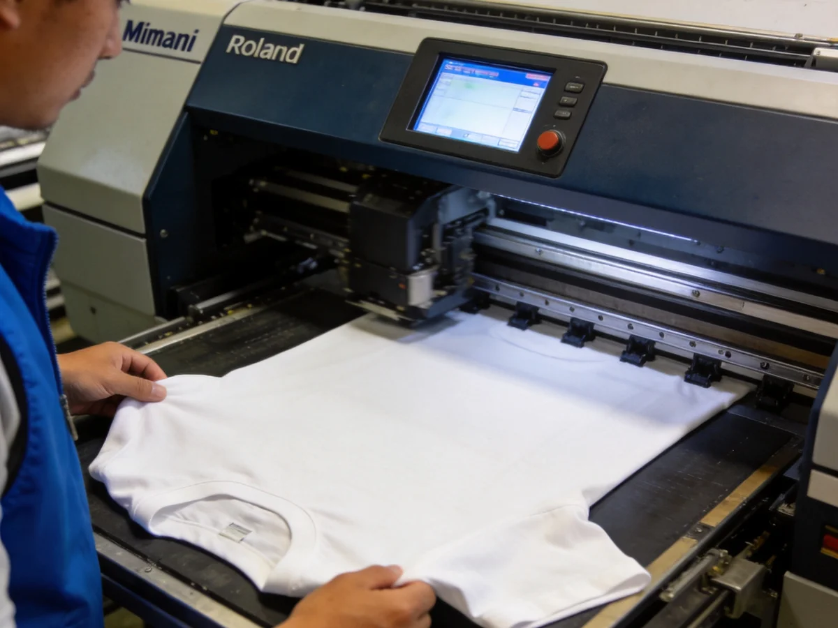Large-format sublimation printer in operation with a worker in a blue vest