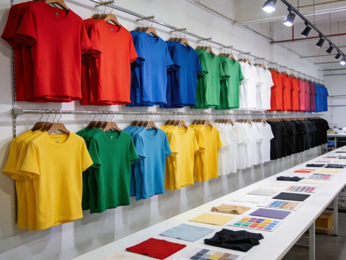 Sample showroom with dozens of finished t-shirts on hangers organized by color on a long display rack