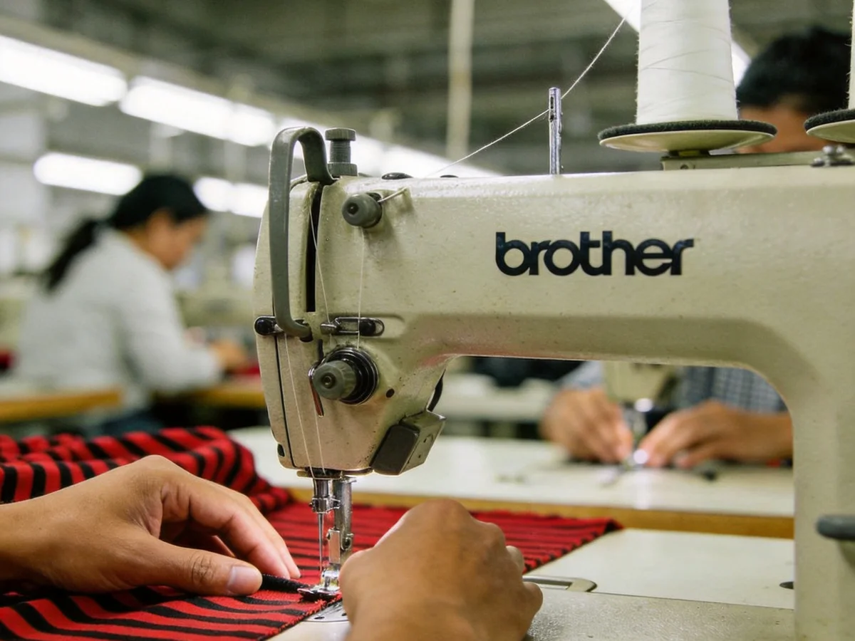 Brother industrial sewing machine with a worker's hands guiding red striped fabric