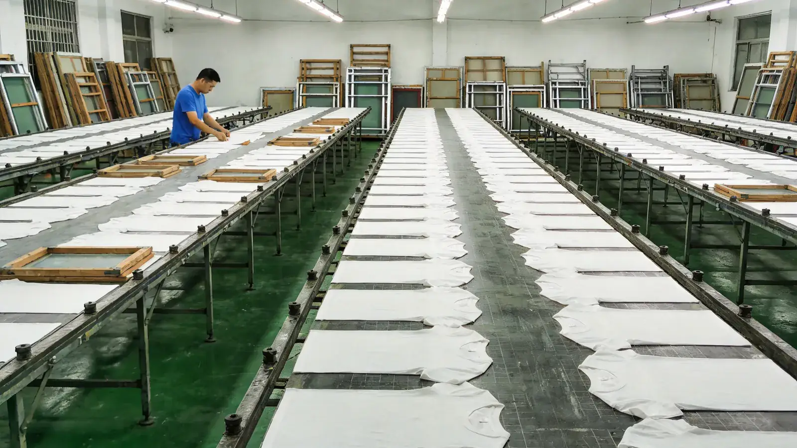 Inside the SublimApparel screen printing workshop in Yiwu — long parallel printing tables with white t-shirts laid flat, workers in blue t-shirts