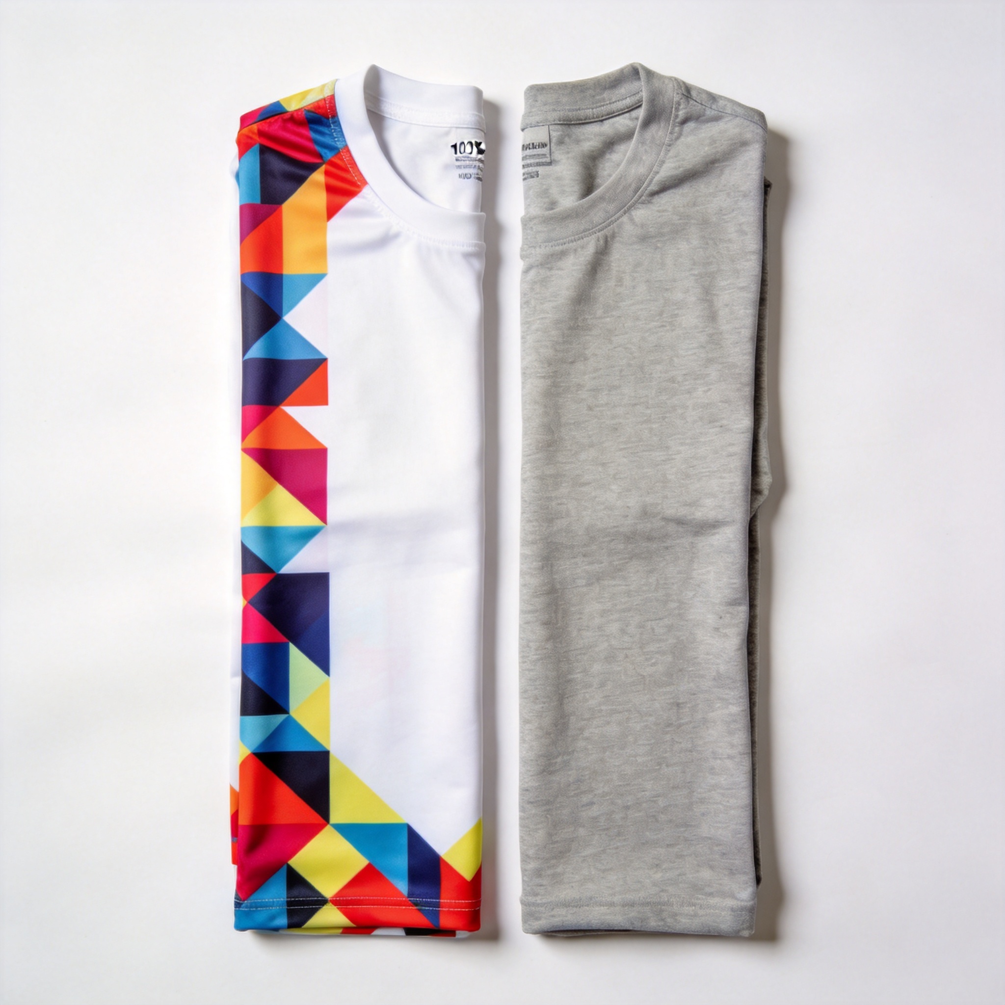 Two folded t-shirts side by side on white background — left shirt bright white polyester with vivid full-color edge-to-edge sublimated geometric pattern, right shirt heather grey plain cotton