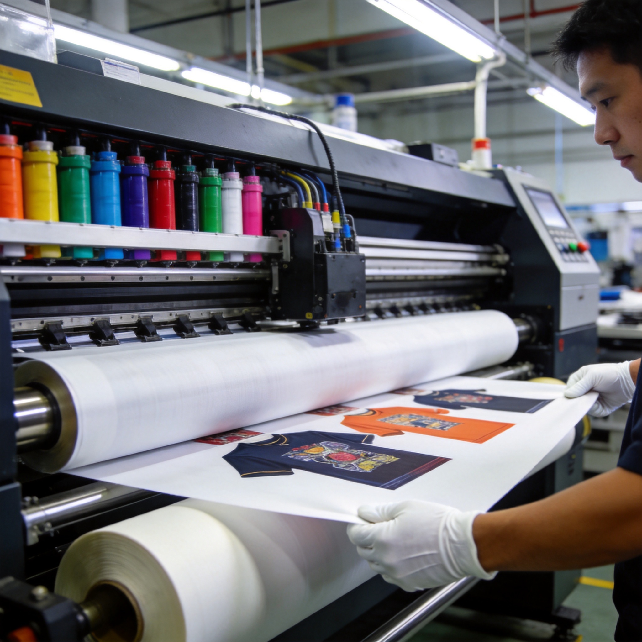 Industrial wide-format sublimation printer applying heat transfer to white polyester fabric on a Yiwu factory production line, CMYK ink cartridges visible