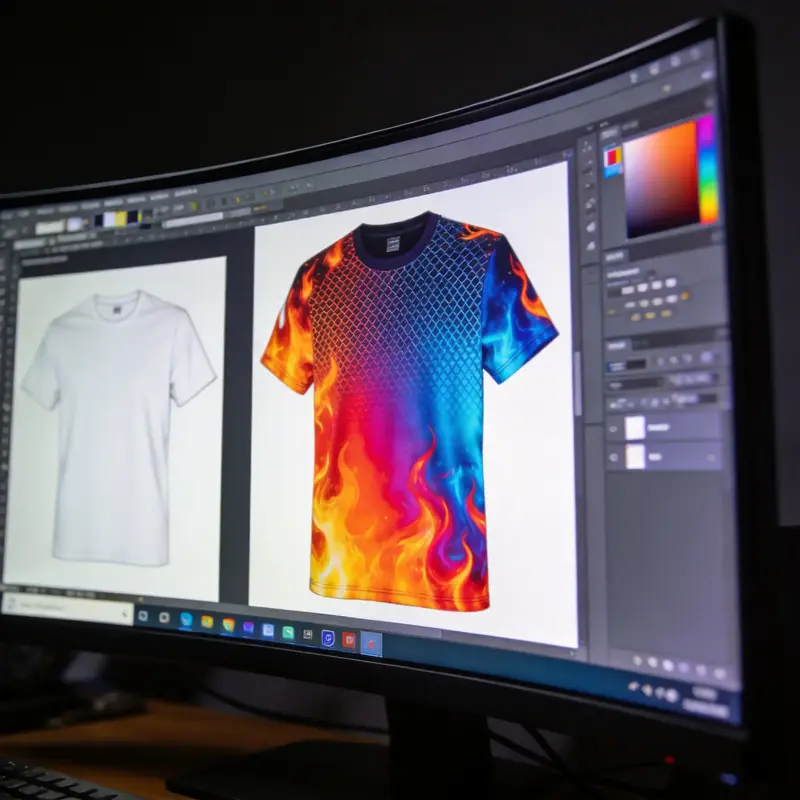 SublimApparel in-house design team working on a custom sublimation t-shirt mockup in Adobe Photoshop on a curved ultrawide monitor