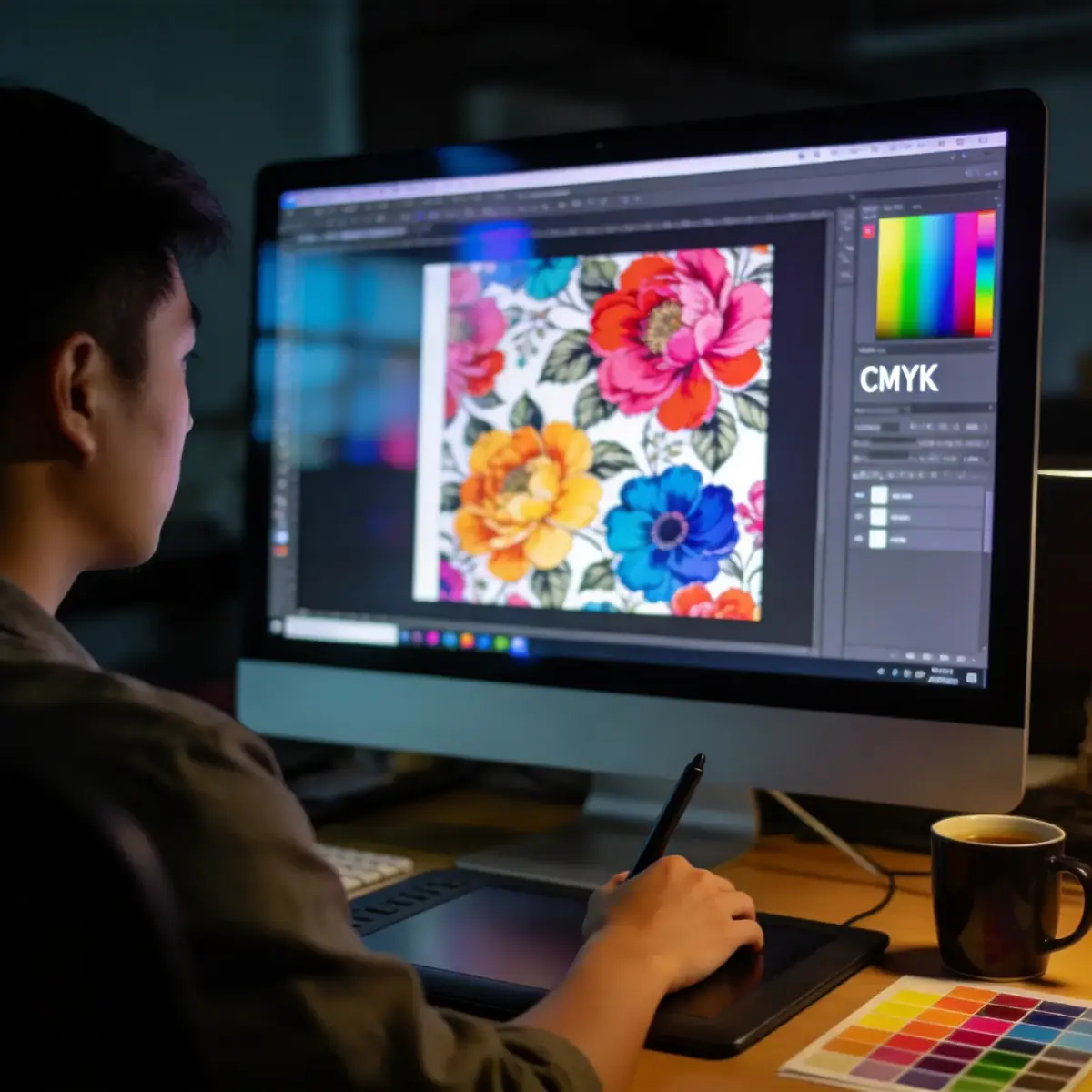 Designer workstation with vector artwork and sublimation fabric swatches