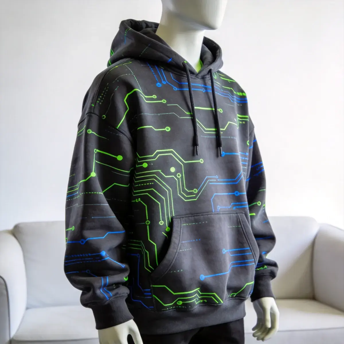 Custom sublimated charcoal gamer hoodie with circuit board pattern print
