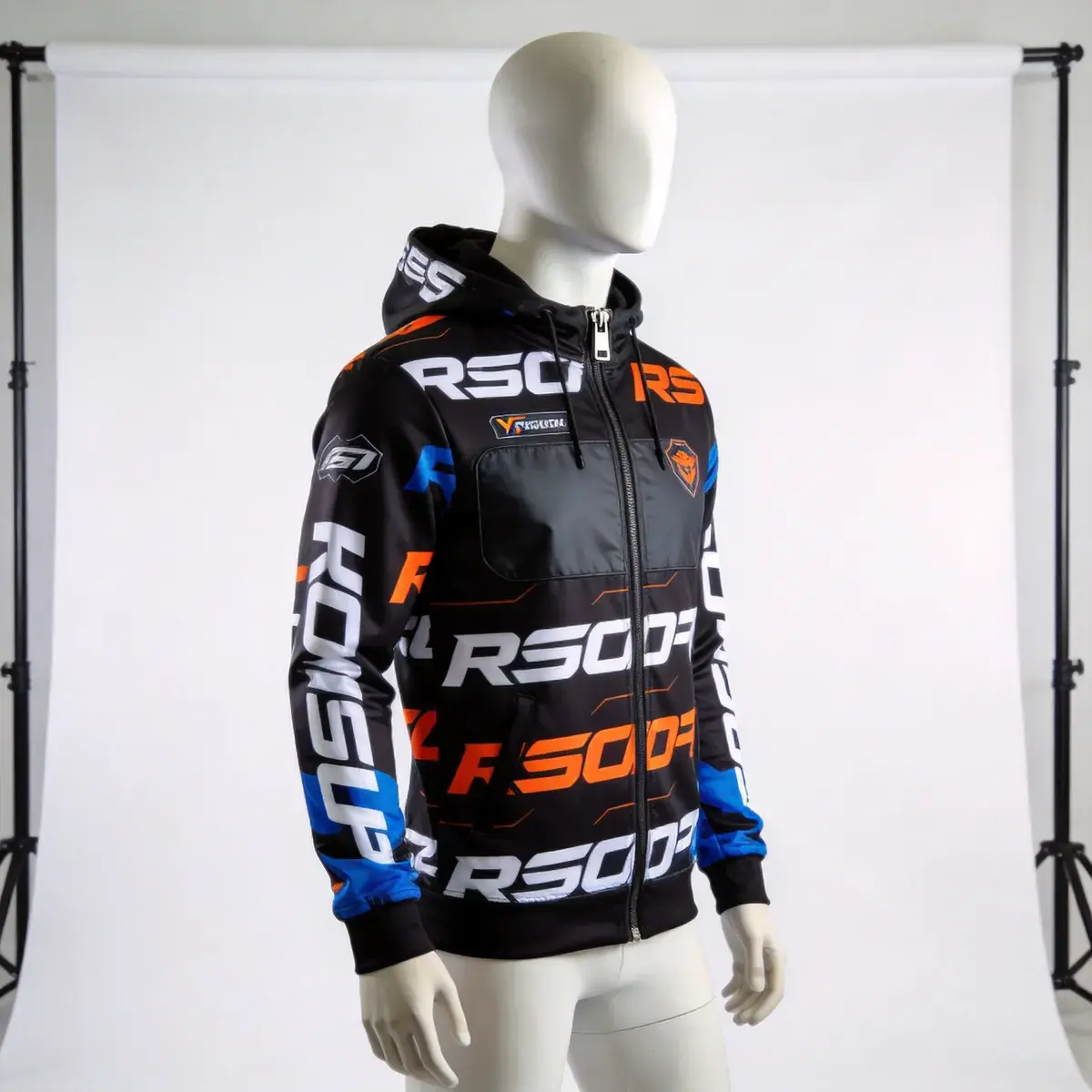 Custom sublimated black full-zip travel hoodie with brand identity print