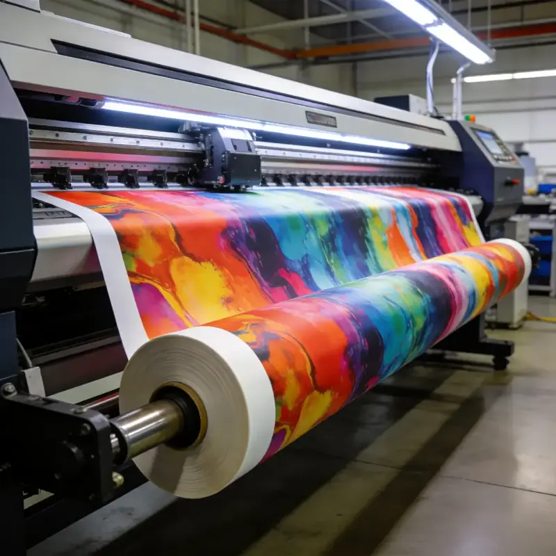 Industrial sublimation printing line — 1.9 m wide-format printer, 12 production lines Wide-format industrial sublimation printer inside a Yiwu apparel factory, white polyester fabric feeding through the printer with cyan, magenta, yellow, and black ink cartridges visible at the print head