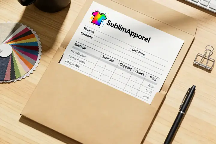 SublimApparel order folder on desk — single line-item quote with logo, pricing, shipping and duties