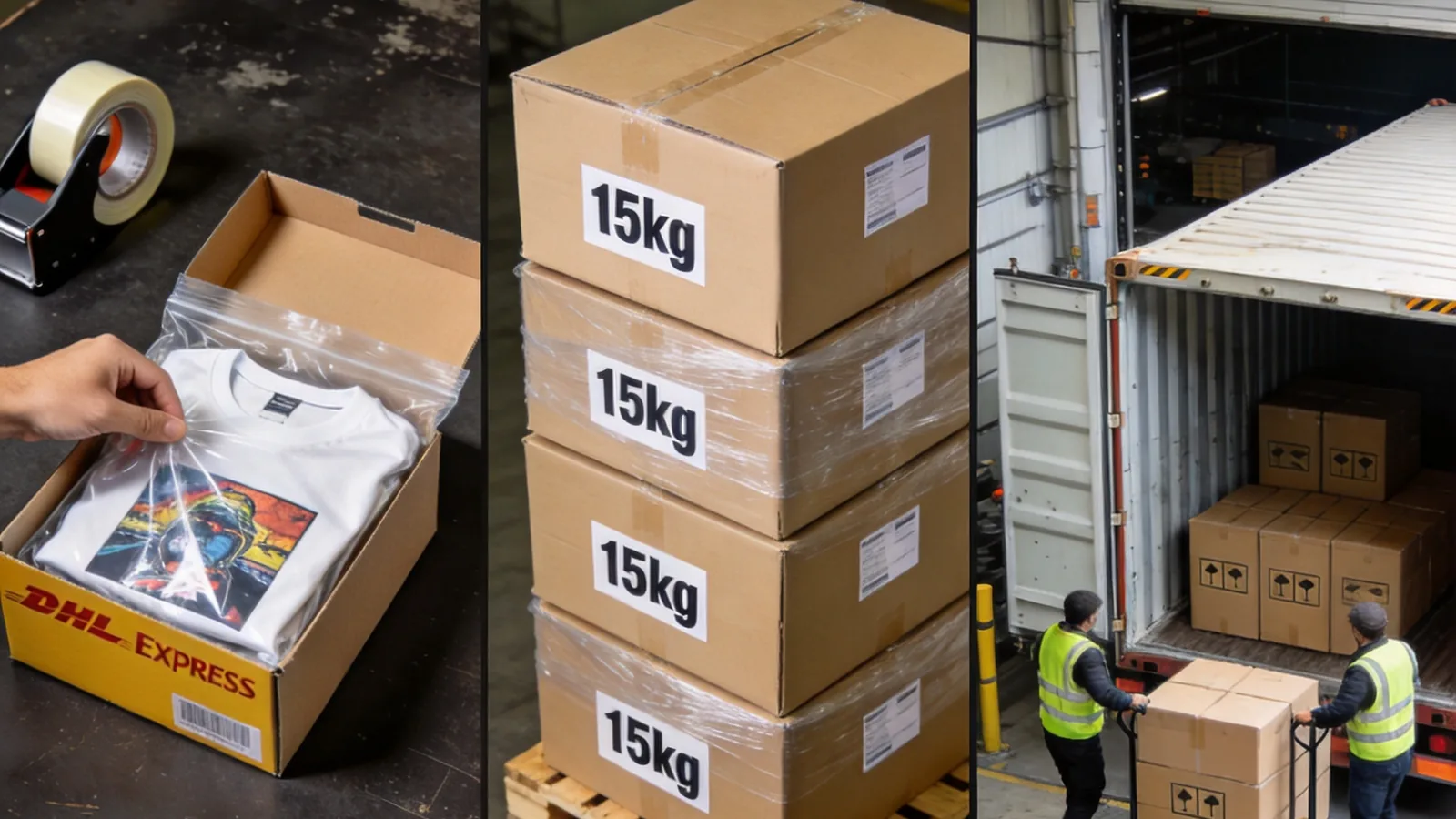 Three different shipment sizes: 1kg DHL sample box with one printed T-shirt, 50kg mid-size order stacked on a wooden pallet ready for air freight, 500kg bulk order being loaded into a 20ft shipping container