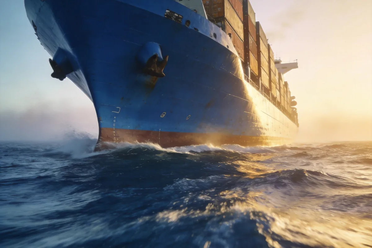 Massive blue container ship sailing on the open Pacific Ocean, mid-sized cargo vessel with stacked containers
