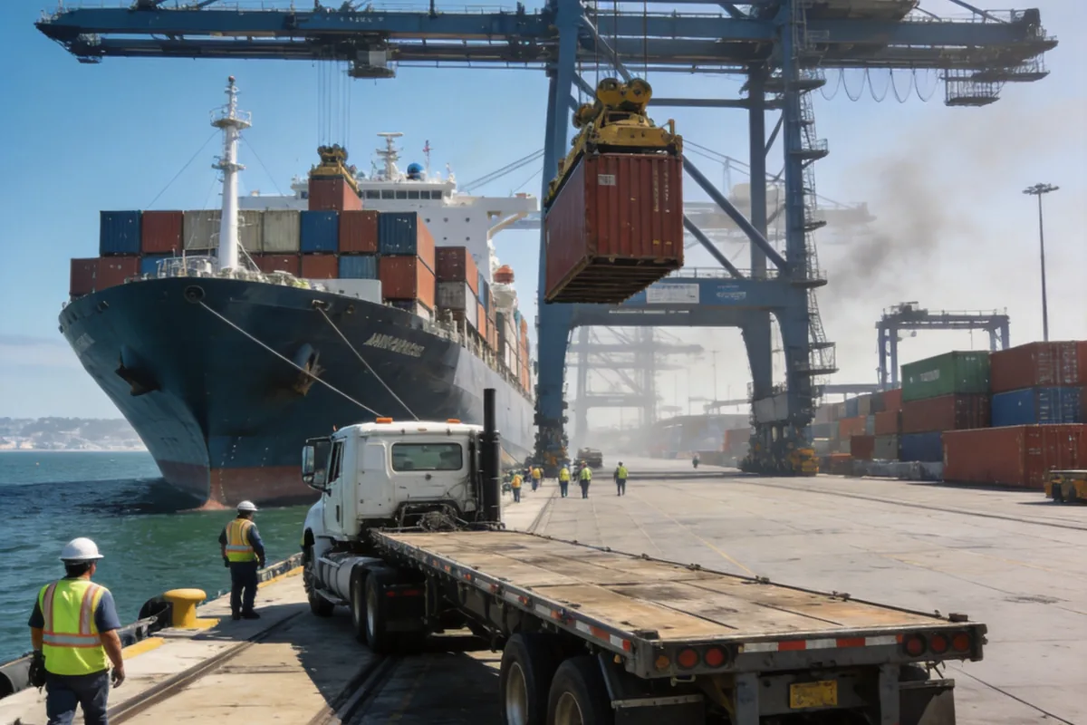 US West Coast container port with a container ship docked and gantry cranes unloading containers, a flatbed truck waiting at the dock