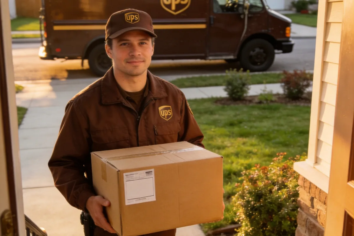 Brown UPS delivery driver on the porch of a typical American suburban home, holding a cardboard box with a shipping label, brown UPS truck parked at the curb