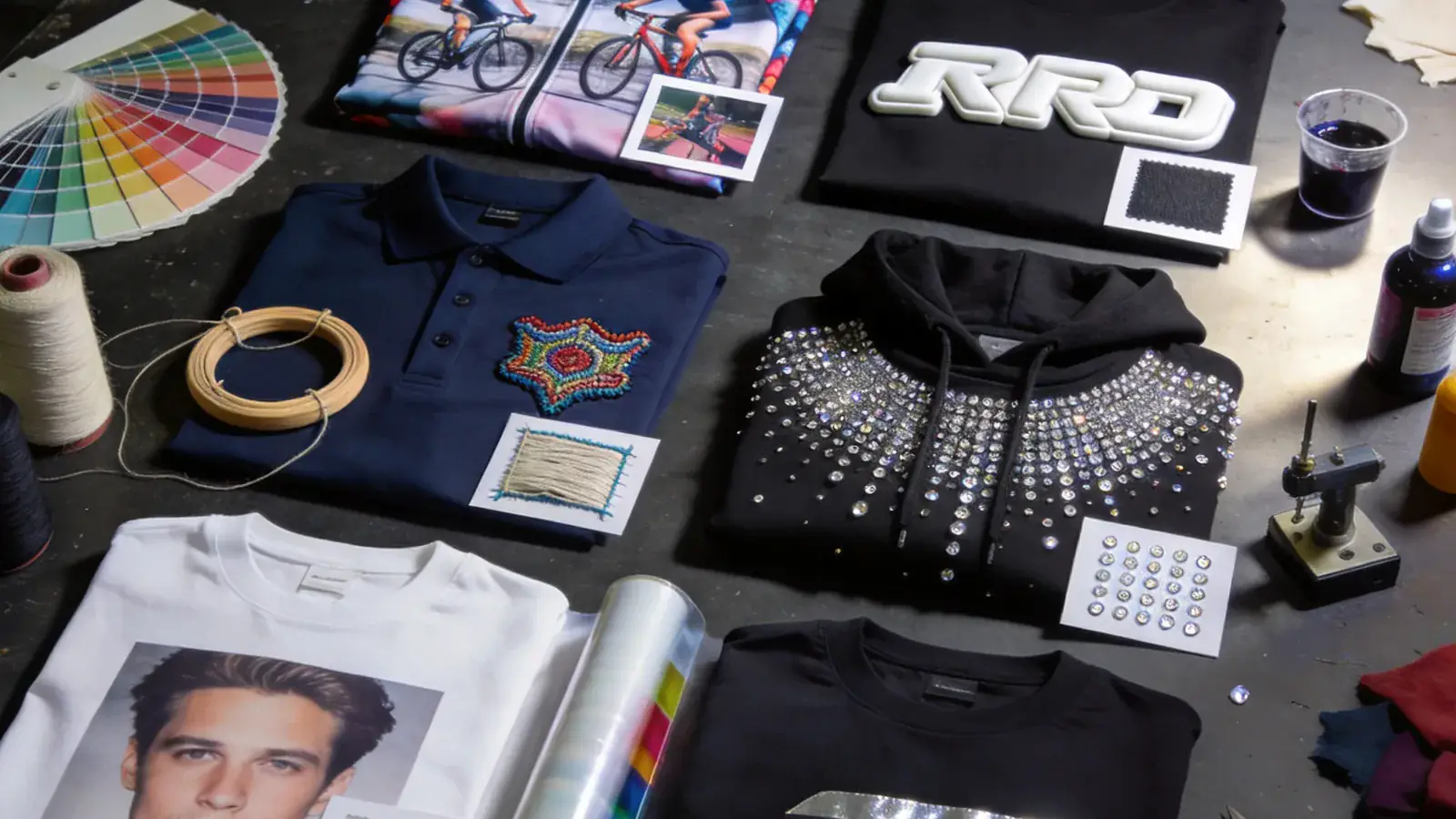 Top-down flat-lay of 6 apparel samples showing different decoration techniques